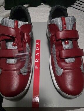 Prada Men's Red Leather & Silver Mesh Velcro Sneakers